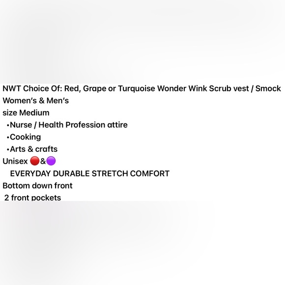 NWT 🆕CHOICE OF: Red or Grape only Wonder Wink Nurse Scrub Vest/Smock Med - Picture 10 of 12